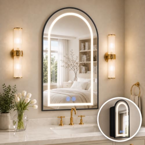 Arched Medicine Cabinet with LED Lights, Lighted Bathroom Medicine Cabinet Mirror with Anti-Fog, No Assembly Required, Recessed or Surface Mount (Black, 31.5" H x 19.7" W) - color: Black, size: 31.5"H x 19.7"W