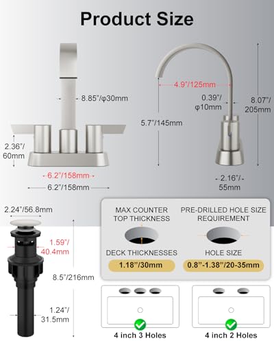Brushed Nickel Bathroom Faucet,4 Inch Centerset 2-Handle Waterfall | Includes Pop-Up Drain,24-Inch Supply Lines,Mounting Hardware,SUS304 Stainless Steel Construction,And A 360° Swivel Spout - color: Brushed Nickel