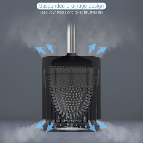 Silicone Toilet Brush, Ventilation Slots Base Holder 2 Pack, Black | Flexible Bristles Flat Head for Rim, Hair Tangle-Free, Easy to Clean, Compact Design, Rustproof Handle, for Toilet/Sink/Tub - color: Black-2pcs