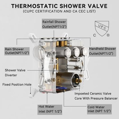 Thermostatic Shower System Brushed Nickel, STARBATH Shower Faucets Sets 12+ 6" Wall Mount Rain Shower and 2 in 1 Handhled, Can Use All at Once, Push Button 3 Modes Valve Complete Shower Set - color: Brushed Nickel, size: 6+12 inch-12