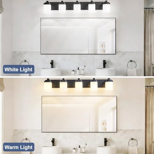 36.5 Inches Bathroom Vanity Light, 5-Light Black Bathroom Light Fixtures Over Mirror, Bathroom Light Shower Lamp with Milky White Square Glass Shade, Modern Farmhouse Lighting Fixtures - color: Black, size: 36.5 Inch : 5-lights