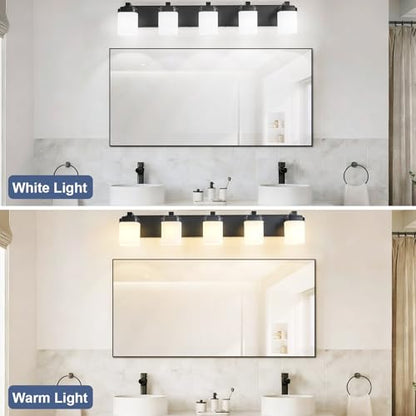 36.5 Inches Bathroom Vanity Light, 5-Light Black Bathroom Light Fixtures Over Mirror, Bathroom Light Shower Lamp with Milky White Square Glass Shade, Modern Farmhouse Lighting Fixtures - color: Black, size: 36.5 Inch : 5-lights