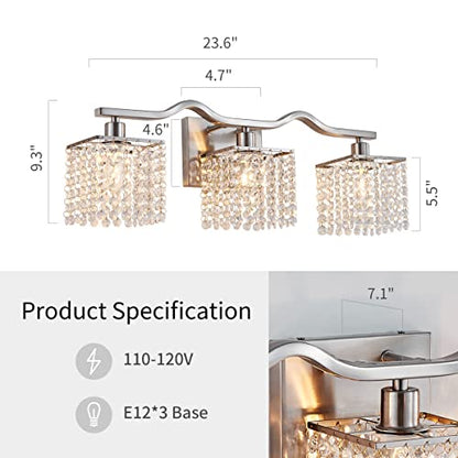WUZUPS 3-Light Bathroom Light Fixture Morden Vanity Wall Sconces Light Clear Crystal Drop for Bedroom Living Room, E12 Base, Nickel - color: Nickel
