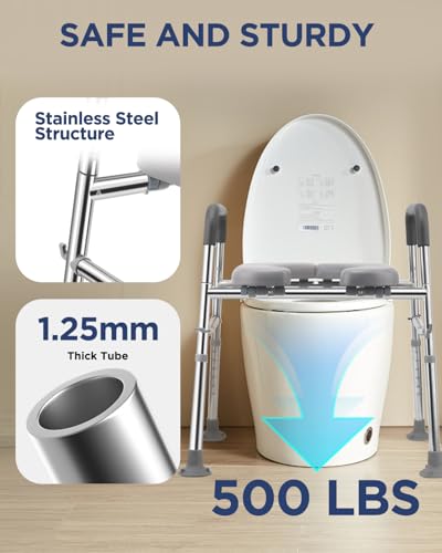 Toilet Seat Riser with Handles 500lb, Stainless Steel Raised Toilet Seat, Adjustable Height & Width, Handicap Raised Toilet Chair for Seniors, Fit Any Toilet