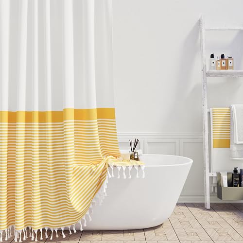 Extra Long Shower Curtains, 96 Inch Long Farmhouse Boho Yellow Striped Fabric Tassel Shower Curtains for Bathroom, Tall Bohemian Textured Cloth Shower Curtain Set with Hooks, Yellow, 72x96 - color: A. Yellow, size: 72"W x 96"L (Pack of 1)