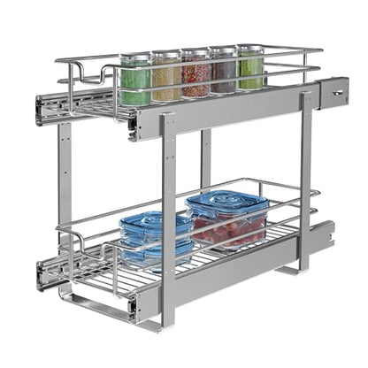 2-Tier Cabinet Pull Out Shelves, 9" W x 22" D | Heavy-Gauge Wire Sliding Shelves, 100 lbs Limit, Ball-Bearing Glides, 3 Heights, Min 9" Opening, For Spices & Under Sink - size: 9 x 22 Inch