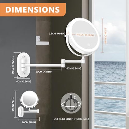 Auxmir 1X/30X Wall Mounted Makeup Mirror, 8" Rechargeable Magnifying Mirror | double-sided button, 3200mAh, 3 dimmable colors, 360° rotation, extended arm, 30X magnification, bathroom, white - color: 8'' 30x-white
