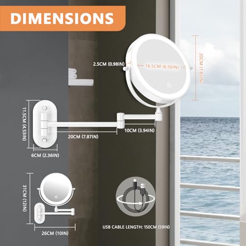 Auxmir 1X/30X Wall Mounted Makeup Mirror, 8" Rechargeable Magnifying Mirror | double-sided button, 3200mAh, 3 dimmable colors, 360° rotation, extended arm, 30X magnification, bathroom, white - color: 8'' 30x-white
