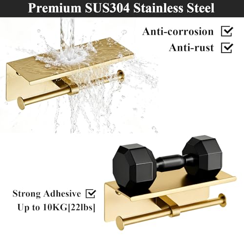 Toilet Paper Holder, NEWRAIN Double Bathroom Toilet Paper Roll Holder with Shelf, Stainless Steel Wall Mounted RV Tissue Roll Holder, Brushed Gold Commercial Farmhouse Toilet Paper Dispenser - color: Brushed Gold, style: Double