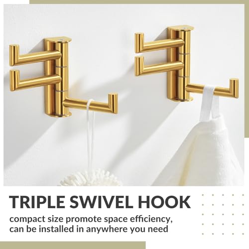 3-Arm Swivel Towel Hooks, 2 Pack, Brushed Gold, Wall Mounted | 304 Stainless Steel, Bathroom Kitchen Closet Use, Heavy Duty 11 lbs Wall Hooks for Towels, Dishrags, Easy 180° Rotate & Fold - color: Brushed Gold, size: 2 Pack