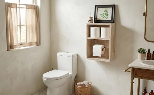 Wall Mount Toilet Paper Holder, Decorative Tissue Paper Roll Dispenser Floating Shelf, Recessed Cubby Box Bracket Cabinet, Storage, Reserve, Organize for Bathroom, Rustic Torch Wood- Grey
