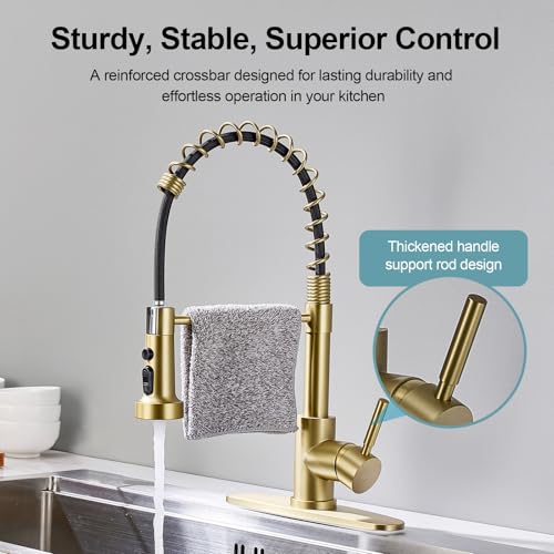 Gold Kitchen Faucets with Pull Down Sprayer, Stainless Steel Single Handle Pull Out Spring Sink Faucet, 3 Function Sprayer 1 or 3 Hole Deck Plate for Farmhouse Laundry Rv Bar - color: Gold, style: Classic