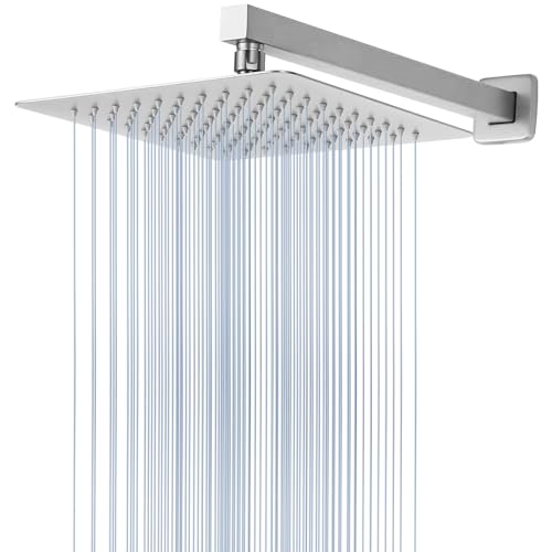 Voolan All Metal Shower Head with Extension Arm, Stainless Steel Waterfall Rainfall Showerheads, High Flow Bathroom Square Rain Shower Head (10’’ Shower Head with 16’’ Shower Arm, Chrome) - color: Chrome, size: 10’’ Shower Head with 16’’ Shower Arm