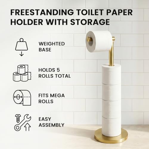 Cesun Free Standing Toilet Paper Holder Stand with Weighted Base, Gold | SUS304 Rustproof Steel | Thick Non-Slip Base | Swivel Pivot Design | Slim Footprint | Holds 5 Rolls - color: Gold