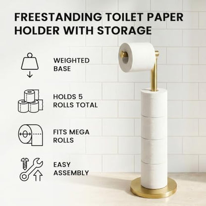 Cesun Free Standing Toilet Paper Holder Stand with Weighted Base, Gold | SUS304 Rustproof Steel | Thick Non-Slip Base | Swivel Pivot Design | Slim Footprint | Holds 5 Rolls - color: Gold