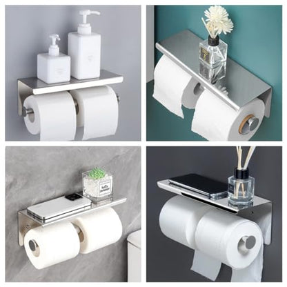 Double Toilet Paper Holder with Shelf Double Roll Toilet Paper Holder Wall Mounted Stainless Steel for Bathroom (Silver) - color: Silver-double With Shelf, size: Fits Regular Rolls