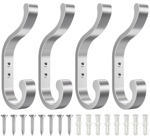 Coat Hooks Wall Mount,Heavy Duty Wall Hooks for Backpack,Towel,Silver 4 Pcs | Large Coat Hangers Holds 30LB, Metal Screw-In Hooks for Door, Closet, Bathroom, Clothes, Purse, Bag, Jacket, Robe - color: Silver, size: 4 Pack