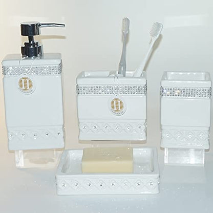 Bathroom Accessories Set 4 Pcs-Ceramic Gift Set Soap Dispenser Pump & Toothbrush Holder & Tumbler Cup & Soap Dish - Bathroom Home Decor Clearance, Countertop Vanity Organize (15 Ounce) - size: 15 Ounce White