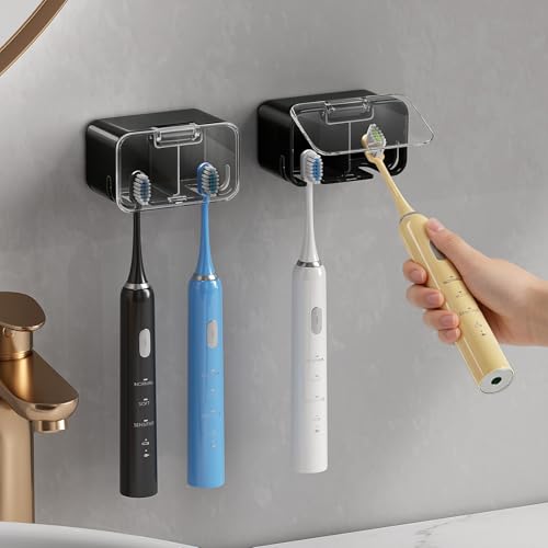 MOPMS Toothbrush Holders for Bathrooms with 2 Slot Independent Compartment | 2PCS Electric Toothbrush Holder Wall Mounted for Shower, Toothbrush Dispenser Storage Organizer with Cover for Family - color: Black