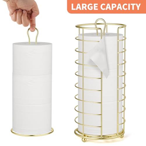 Toilet Paper Holder Stand,Freestanding,Gold | Bathroom Toilet Paper Organizer, 3 Mega Roll Toilet Paper Holder for Under Sink, Vanity, Cabinet Shelf - color: Gold