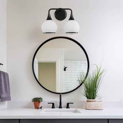 Black Bathroom Light Fixtures 2 Lights Vanity Lights with Milky White Frosted Glass Shade Bathroom Vanity Light 14 inch Wall Sconce Lighting Bath(Exclude E26 Bulb) - color: Black, size: 2 Light