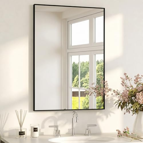 24" x36" Matte Black Wall Mirror for Bathroom, 36" x 24" Metal Framed Vanity Mirror, Modern Minimalist Rectangular Decor for Entryway, Vertical/Horizontal Hang - color: Black, size: 36"L x 24"W