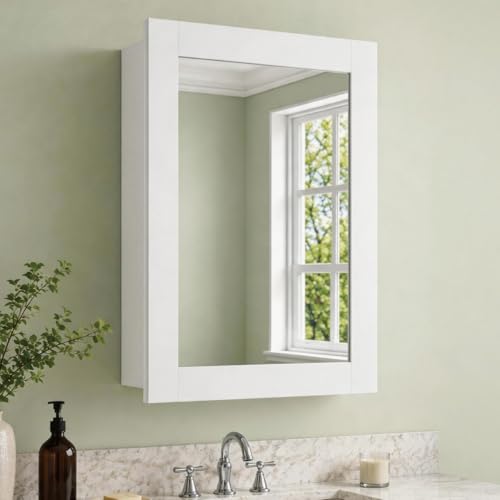 Buruis 16 x 24 Inch Bathroom Wood Medicine Cabinet Mirror, White | Fully Assembled Design, Adjustable Glass Shelves, Soft-Close Hinges, Bathroom Storage Organizer, Left/Right Opening - color: White, size: 16 x 24 inch
