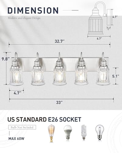 Bathroom Light Fixtures, HWH 5-Light Vanity Light, Modern Brushed Nickel Wall Lighting Over Mirror, Bell-Shaped Striped Glass, 5HZG106B-5W BN - color: Brushed Nickel, size: 5-Light