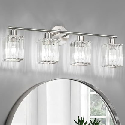 4 Light Bathroom Light Fixtures, Modern Crystal Vanity Lights over Mirror | Metal Frame, Bathroom Light with Square Crystal Shade, ETL Certified, E26 Ceramic Socket, Bulbs Not Included - color: Brushed Nickel, size: 4-Light