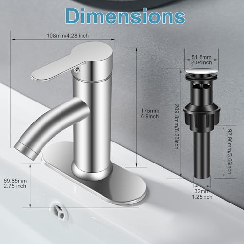 Bathroom Faucet 1 Hole, Brushed Nickel Vanity Faucet,Single Handle | for 1 Hole or 3 Hole Bathroom Sink, RV, Vanity,with Deck and Pop-up Drain Easy to Clean - color: Brushed Nickel