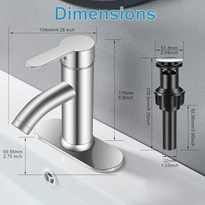 Bathroom Faucet 1 Hole, Brushed Nickel Vanity Faucet,Single Handle | for 1 Hole or 3 Hole Bathroom Sink, RV, Vanity,with Deck and Pop-up Drain Easy to Clean - color: Brushed Nickel