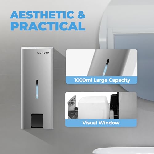 SUNERA Commercial Soap Dispenser Wall Mounted, 1000ml Refillable 304 Stainless Steel Liquid Soap & Hand Sanitizer Dispenser, Lockable Manual Pump for Restaurant, Office, Hotel, Kitchen & Bathroom