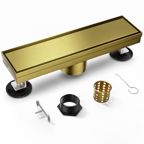 Linear Shower Drain, 304 Stainless Steel with Adjustable Leveling Feet, Hair Strainer,Reversely Install Place to Create an Invisible Floor Drain - Gold -12-Inch - color: Brushed Gold, size: 12inch