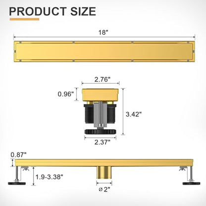 Linear Shower Drain - 18 Inch Brushed Gold, with Tile Insert Panels | AISI 304 Stainless Steel Shower Drain with Adjustable Feet, Hair Catcher, Rectangle Shower Floor Drain Fits Bathroom, Balcony - color: Brushed Gold, size: 18 Inch