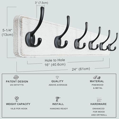 Coat Rack Wall: 24" Long, Patented, Heavy-Duty, 6-Double-Hooks Wooden Wall Mounted Coat Rack Coat Hanger Hook Rail for Winter Coats Hat Jacket Clothing, White & Black - color: White & Black, size: L=24"(1pcs)