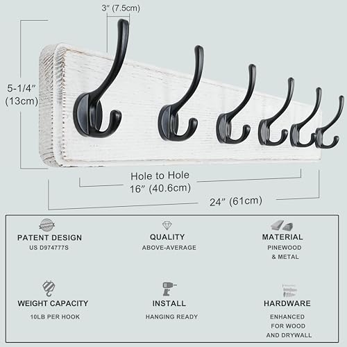 Wall Mounted Coat Rack: 24" Long, Patented, Heavy-Duty, 6-Double-Hooks Wooden Hanger Rail for Winter Coats, Hat, Jacket, Clothing - White & Black, Pack of 2 - color: White & Black, size: L=24"(2pcs)