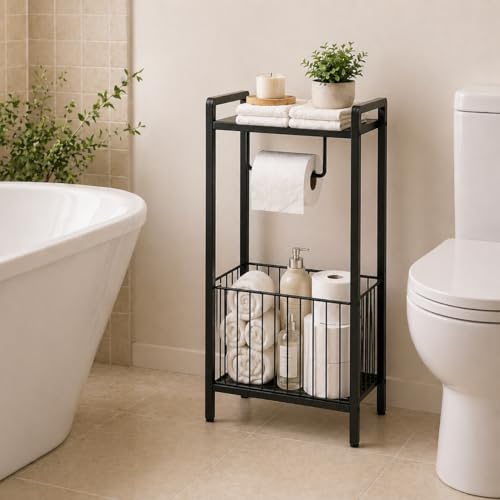 Bathroom Toilet Paper Holder Stand with Storage Basket and Top Shelf, Free-Standing Toilet Tissue Organizer for Small Bathrooms, Metal Toilet Paper Rack with Magazine Holder – Matte Black - color: Black