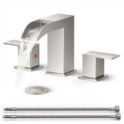 QFN Waterfall Bathroom Faucet 3 Hole 8" Widespread Brushed Nickel 2 Handle | Bathroom Sink Faucet Lead-Free with Pop-up Drain and Supply Lines, Fits 4-12 Inch 3 Hole Install, for Vanity Laundry Restroom - color: Brushed Nickel, style: Waterfall