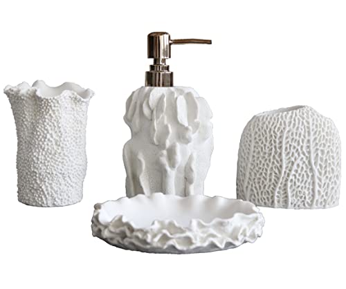 Hymmah Bathroom Accessories Set,Coral Seashell Design Toothbrush Holder,Farmhouse Bathroom Decor,4 Pcs Resin Gift Set Apartment Necessities, Contain Toothbrush Cup,Soap Dispenser,Soap Dish,Tumbler - color: Seashell White