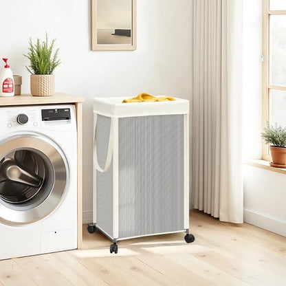 STORAGE MANIAC Laundry Hamper with Wheels, 90L (23.7 Gal) Large Tall Rolling Laundry Basket with Removable and Washable Liner Bag, Aesthetic Dirty Clothes Hamper for College, Dorm, Off-white