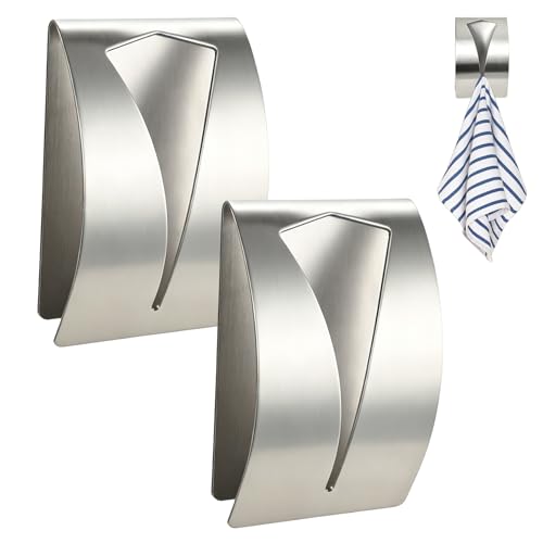 Self Adhesive Towel Hook Holder, 2Pcs Stainless Steel Kitchen Dish Towel Hook Grabber Wall Mount Non Drilling Hangers Shower Wall Hand Towels Hooks for Home Bathroom Kitchen Accesories, Silver - color: Silver, size: 2 PCS