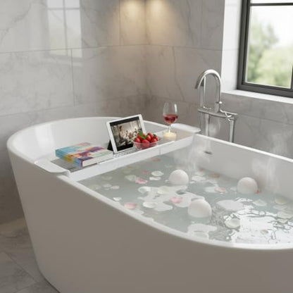 Expandable Bathtub Caddy, Multifunction Bath Tray with Secure Grips for Tub Edge, a Bathtub Organizer Rack with Dedicated Book Wine Phone Holder Bathtub (White) - color: White
