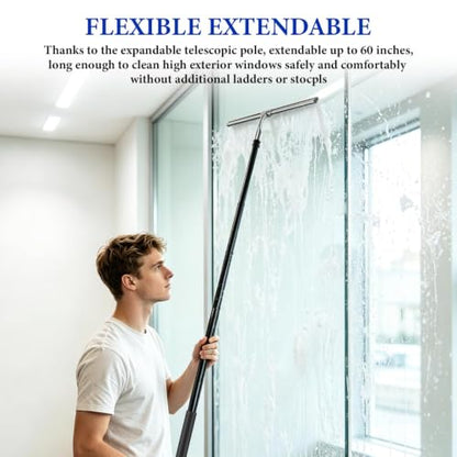 2-in-1 Window Shower Squeegee with Extension Pole for Glass Doors | Professional Window Cleaner Tool, 14" Wide Washing Equipment for High Outside Glass, Solar Panels, Shower, Car Windshield