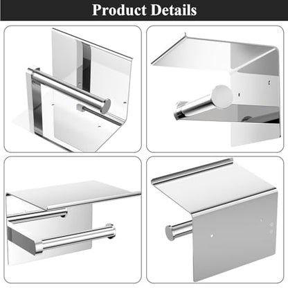 Tindbea Mega Size Toilet Paper Holder with Shelf + Towel Robe Hooks, Adhesive or Screw Wall Mounted Toilet Paper Roll Holder, Stainless Steel Bathroom Hardware Set (Polished Chrome) - color: Polished Chrome, size: Large