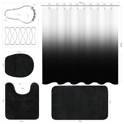 Shower Curtain Sets with Rugs and Adjustable Toilet Seat Cover | 4 Pcs Black Bathroom Sets with Shower Curtain and Rugs and Microfiber Toilet Lid Cover - color: Black