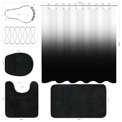 Shower Curtain Sets with Rugs and Adjustable Toilet Seat Cover | 4 Pcs Black Bathroom Sets with Shower Curtain and Rugs and Microfiber Toilet Lid Cover - color: Black