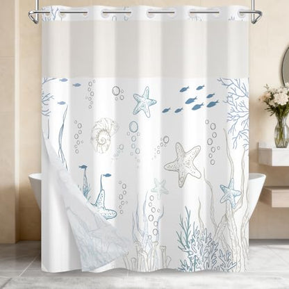Coastal No Hook Shower Curtain with Snap in Liner, Double-Layer Waterproof Fabric Cloth Shower Curtains with Ventilation Window, Ocean Minimalist Undersea Starfish Blue Shower Curtain, 71x74 Inches - color: Dreamy Ocean World