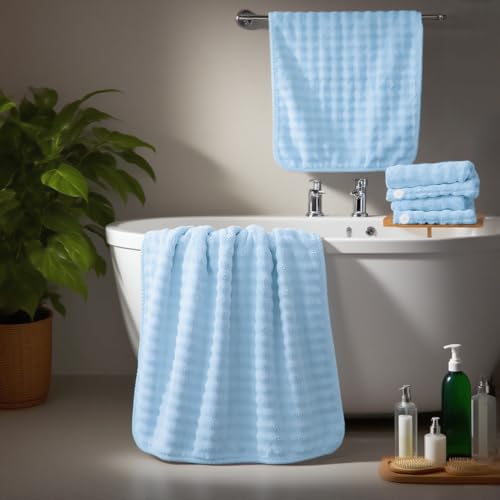 COZYART Lint Free 8 Pcs Bathroom Towel Set Ultra Soft Microfiber Light Blue | Fluffy, Thick, Highly Absorbent, Fast Dry, No Shedding, No Pilling, Fade Resistant, Durable, Long-lasting - color: Light Blue