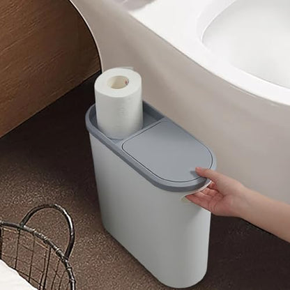 Slim Bathroom Trash Can with Press Top Lid, 2.1 Gallon Slim Garbage Can Bathroom with Press Top Lid, White Rectangular Trash Bin Waste Basket for Toilet, Bedroom, Camper (Gray)