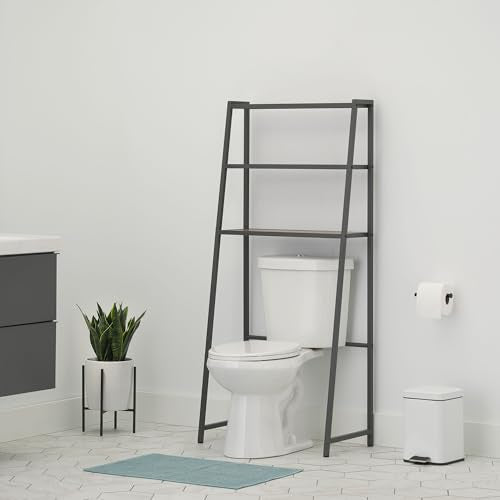 TRINITY 3-Tier Metal Over The Toilet Storage Shelving Rack, Freestanding Bathroom Organizer with Wood Grain Shelves, 27in x 15in x 60in, Dark Gray - color: Dark Gray